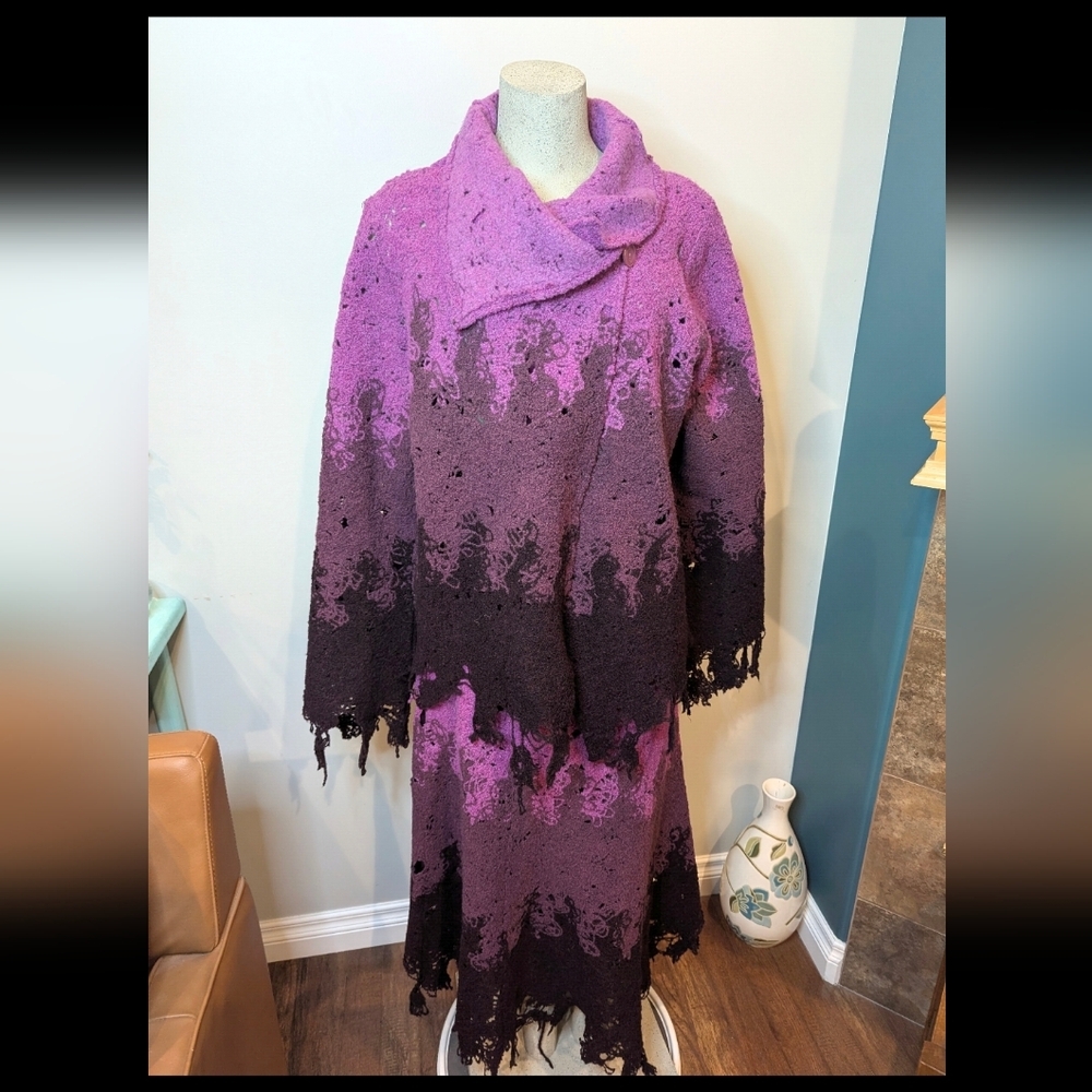 Simon Chang Vintage Designer Avant Garde Wool Skirt & Sweater Set Purple Sz L - Picture 1 of 17